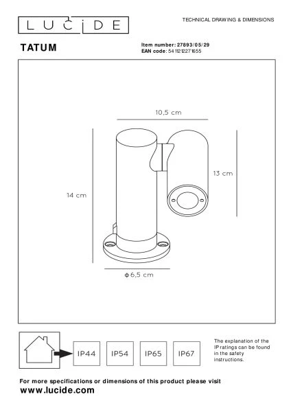 Lucide TATUM - Gartenstrahler - LED - 1x5W 3000K - IP65 - Anthrazit - technisch
